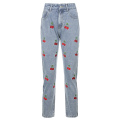 Weekeep Cherry Embroidery Fashion Vintage Jeans 2020 Women High Waist Streetwear Cargo Jean Casual Slim Woman Denim Pencil Pants