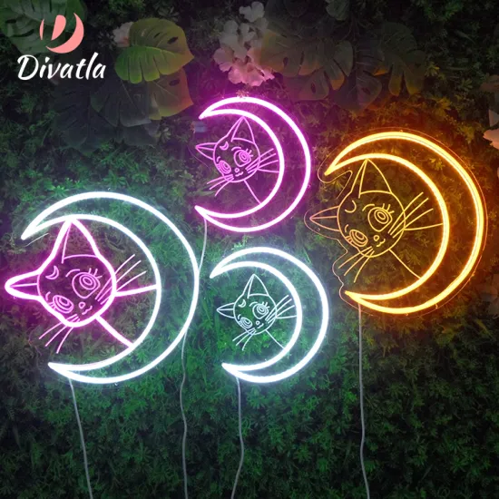 DIVATLA Happy Birthday Wall Decor: Japanese Anime Moon Luna Cat LED Neon Sign