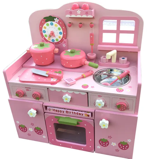 Kids Pink Strawberry Wooden Kitchen Play Set - Child Cooking Toy for Sale