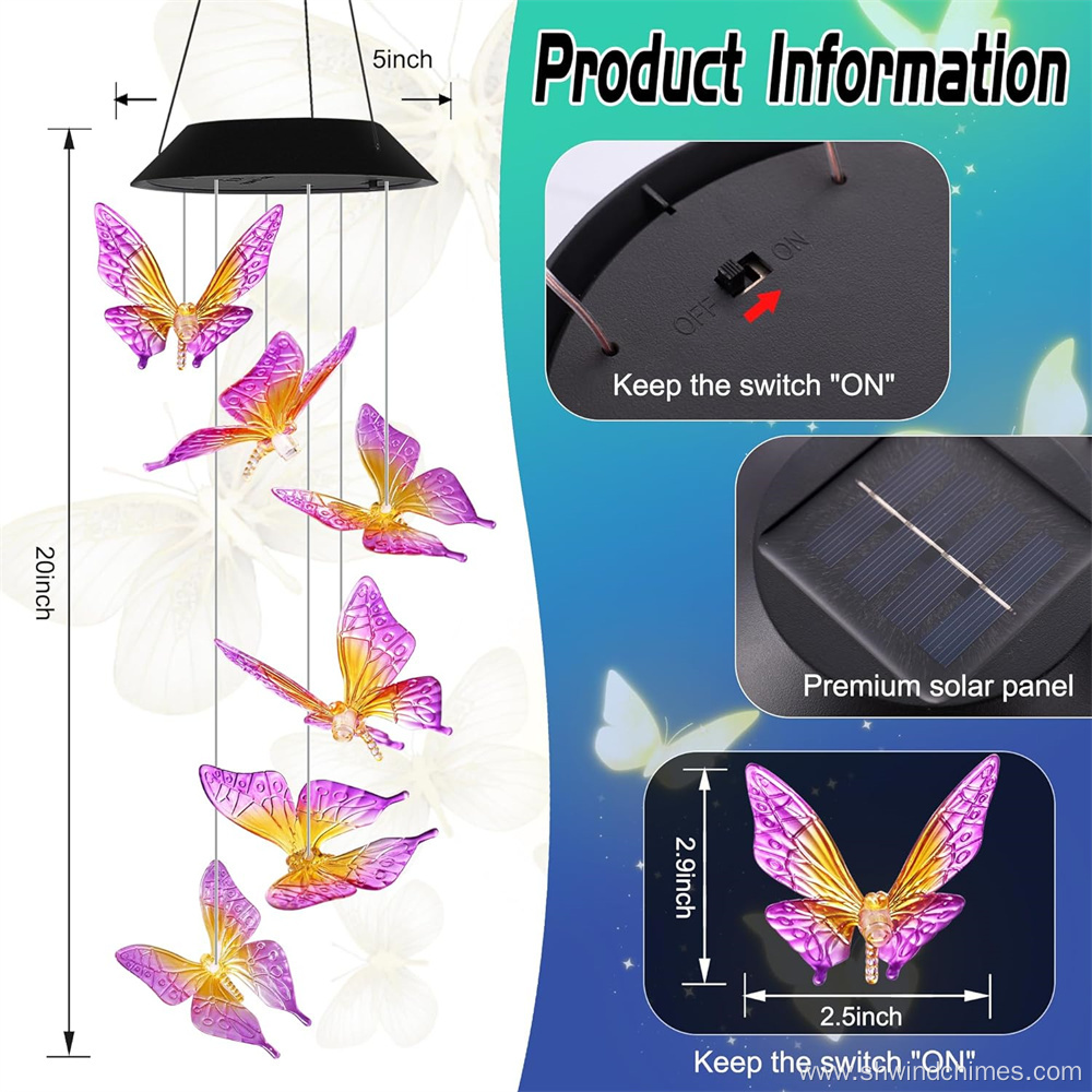 Purple Butterfly Solar Wind Chimes for Outdoor Use with Color Changing Feature