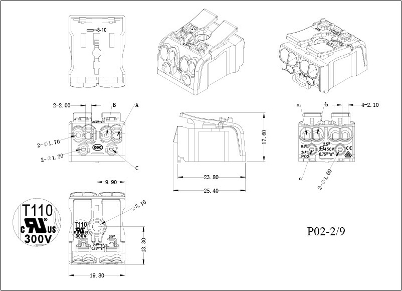 2 pins fast connection push wire connector