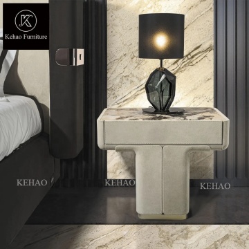 Modern Luxury Bedside Table with Drawer and Curved Stainless Steel Marble Top