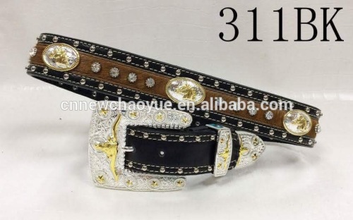 Silver gold buckle sets Hair on hide Cowboy leather belt with conchos