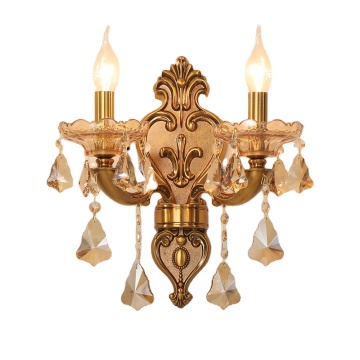 Antique Crystal 2-Light Brass Wall Sconce Lamp