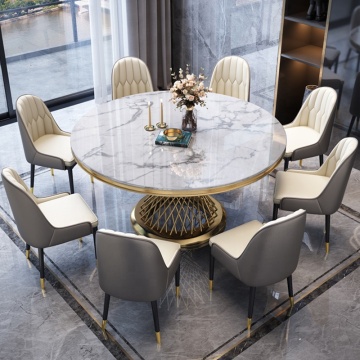 8 Seater Modern Gold Round Marble Dining Dining ชุดพร้อมขาโลหะ