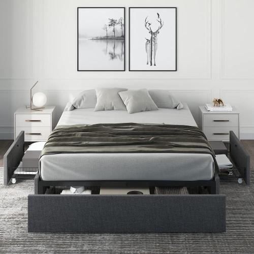 Тапицирана Queen Platform Bed Frame 3 чекмеджета за съхранение