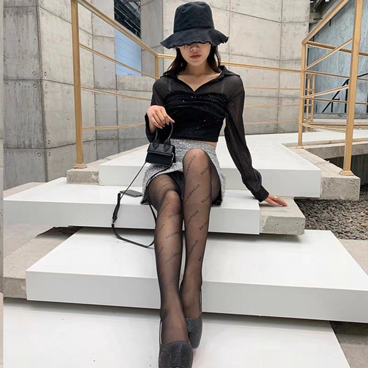 Black B-letter jumpsuit stockings