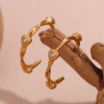 2024 Hot Selling Twisted Heart Zircon Hoop Earrings 18k Gold Plated Stainless Steel Jewelry