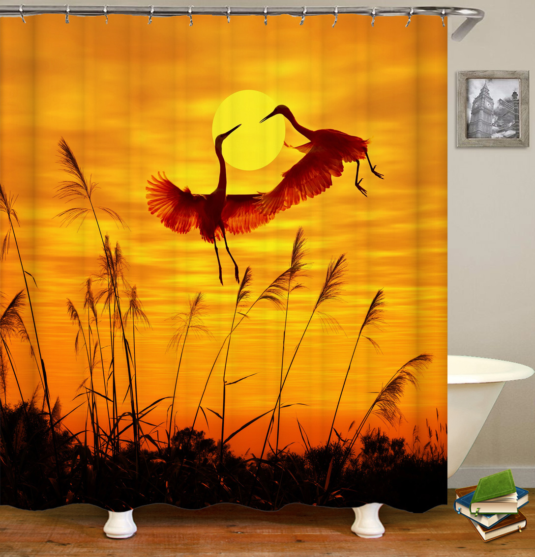 Sunlight Ocean Beach Fabric Shower Curtain Bathroom Curtains Sunset Dusk Sea Animal Dolphin Bath Screen with 12 Hooks