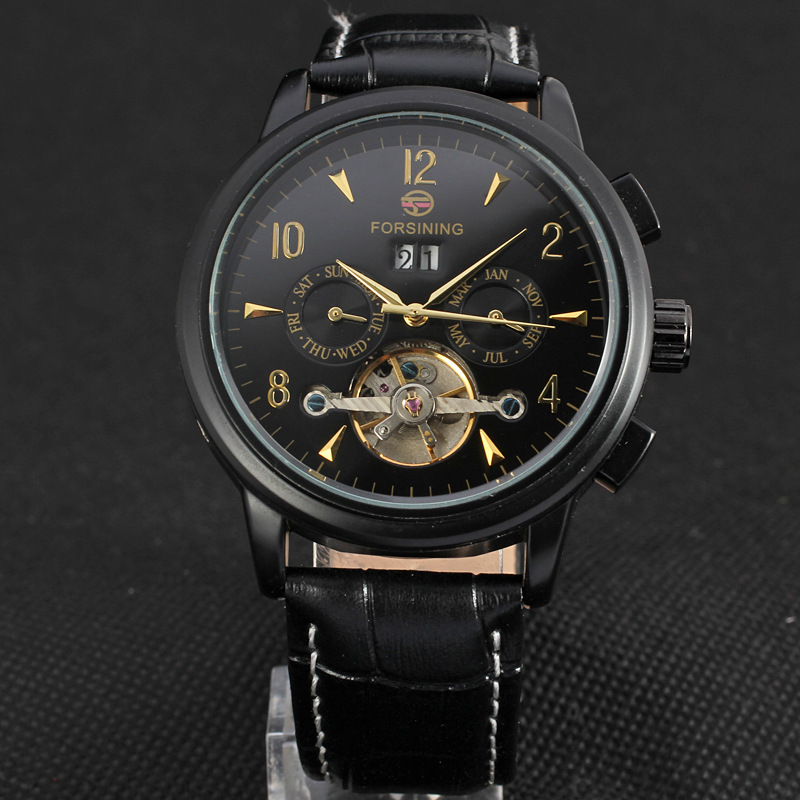 Leather band mens automatic mechanical date watch