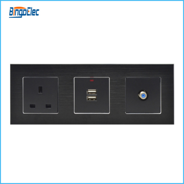 Black aluminum panel,3gang socket,uk 13a socket with dual usb wall socket with satellite tv socket