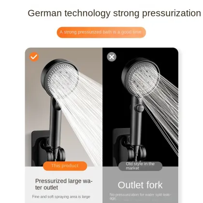 Black 5-Speed Adjustable Shower Head with Large Spray and Supercharged Function - Hand-Held Shower Head Set