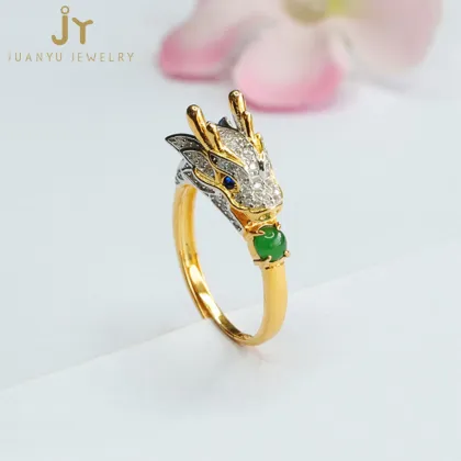 Golden Plated S925 Silver Dragon-Shaped Jadeite Rings with Green Myanmar and Natural Burma Jade