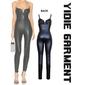 Shiny Adjustable Loop Strap Faux Leather Slim Jumpsuits