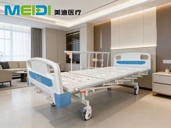 Punched Double Crank Hospital Bed with L-shaped Guardrails, Customizable Legs & Casters