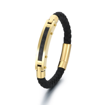 KALEN 215mm Vintage Gold/Silver/Black/Oxidized Black Stainless Steel & Woven Cowhide Bracelet