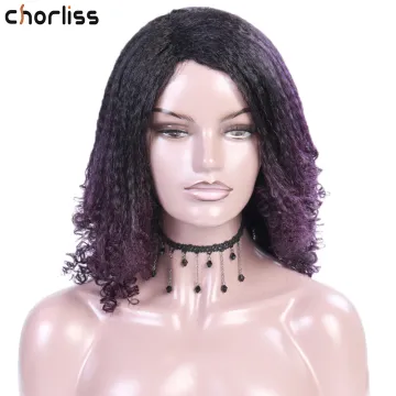 Hot Selling 2020Cheap High Level Natural Fashion Purple Brown Blonde Ombre Afro YAKI  Kinky  Synthetic Hair Wigs For Black Women