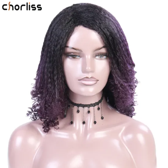 Hot Selling 2020Cheap High Level Natural Fashion Purple Brown Blonde Ombre Afro YAKI  Kinky  Synthetic Hair Wigs For Black Women