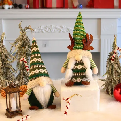 Xmas Decorations: Unique Rudolph Antlers Gnome and Faceless Elderly Doll Tabletop Figures