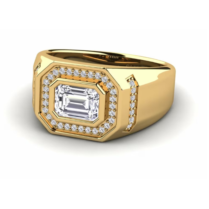 Perfil lateral de un anillo de sello para hombre con halo de talla esmeralda y una corona geométrica en relieve