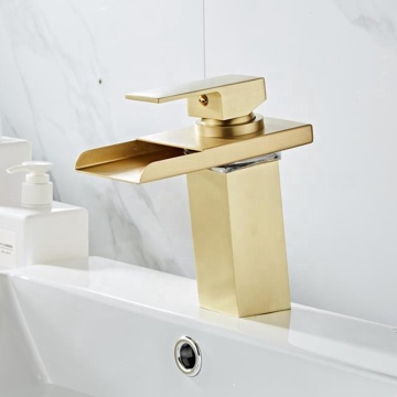 LED Bathroom Faucet: Luxury Modern Brush Gold Square Brass Waterfall Basin Mixer