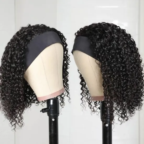 Short Bob Kinky Curly Human Hair Wig - No Lace Front Headband Wig for Women