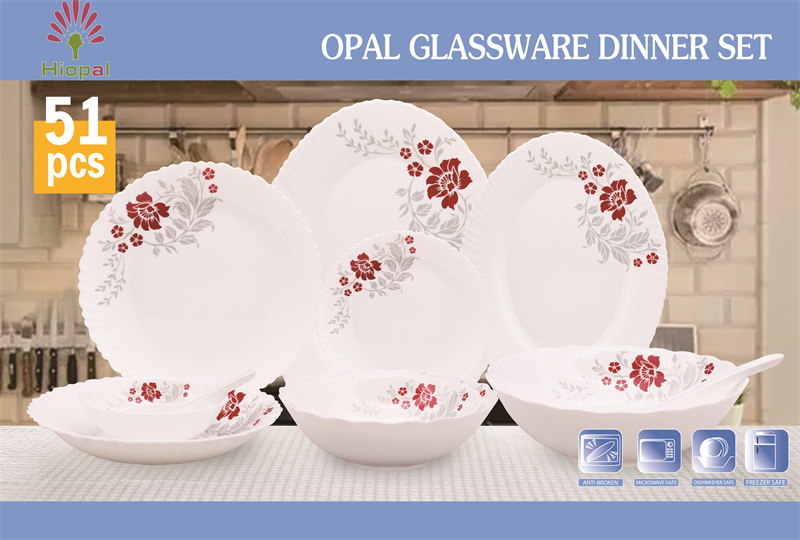 51 PCS Anti-broken Opal Glass Print Dinner Plates