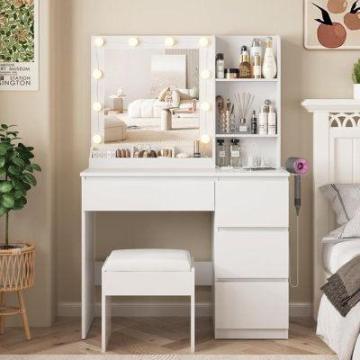 White LED Light Low Price Bedroom Furniture with Storage: Dresser and Vanity Table