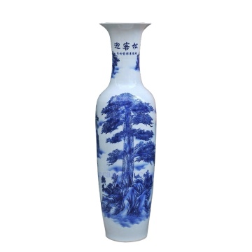 Large Chinese Antique Blue and White Porcelain Vase with Pine Trees Pattern for Office or Hotel Decoration