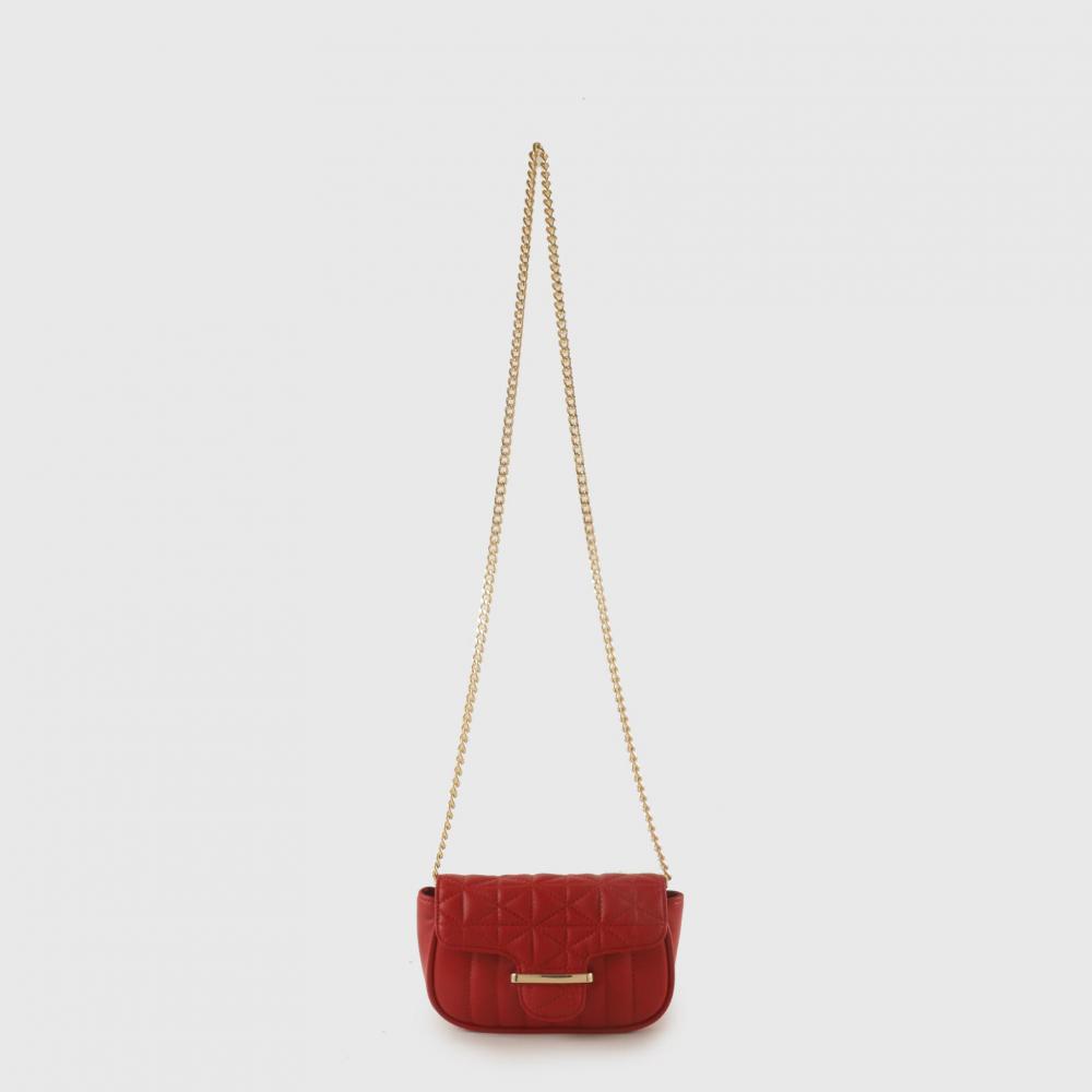 red shoulder bag with gold chains