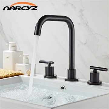 Basin Faucets Brass Polished Black Deck Mounted Square Bathroom Sink Faucets 3 Hole Double Handle Hot And Cold Water Tap XR8243