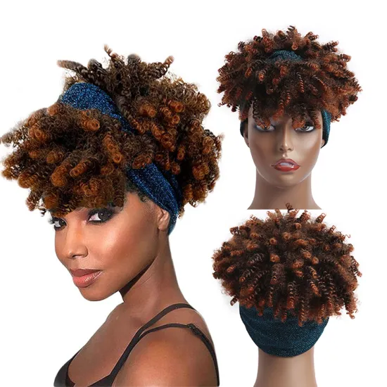Synthetic Short Wigs Culry Headband Wig Wrap  Linked Short Drawsrting Kinky Headband Wigs