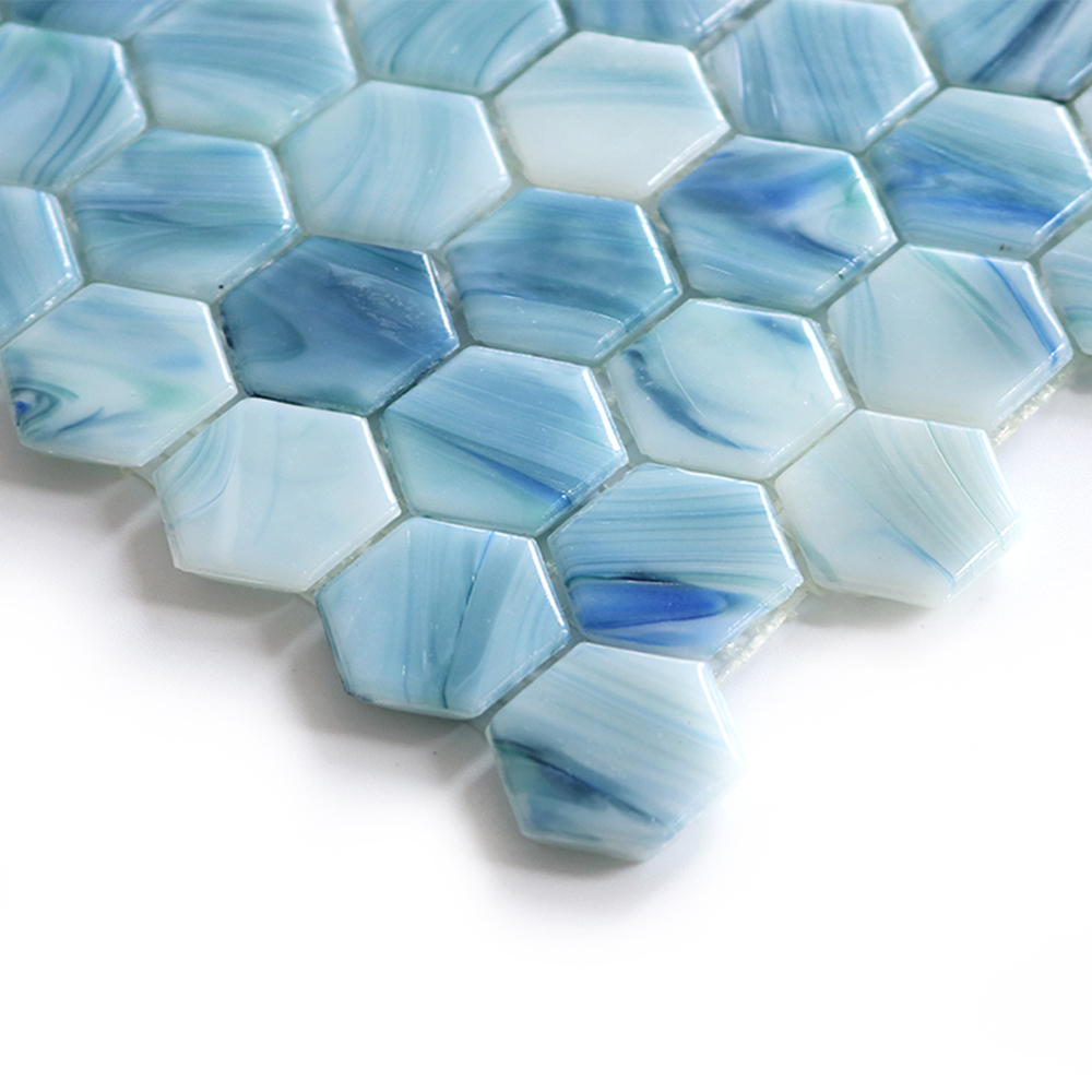 Top Grade Blue Glass Hexagon Round Edge Mosaico