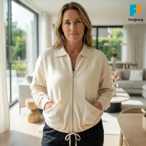 Minimalist Beyaz Pamuklu Fermuarlı Hırka