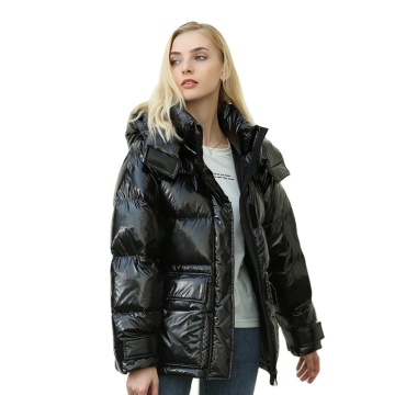 Winter dames glanzende jas: puffer short jas met kap en ritsen