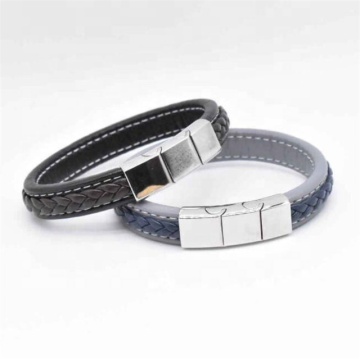 Yiwu Aceon Velle Stainless Steel Sewing Edge Rectangle Braid Leather Bangle with Magnetic Clasp
