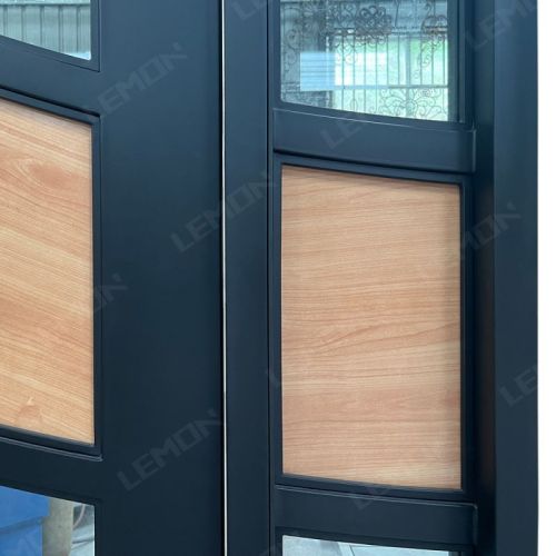 Custom Modern Wood Wrought Iron Screen Pivot Doors