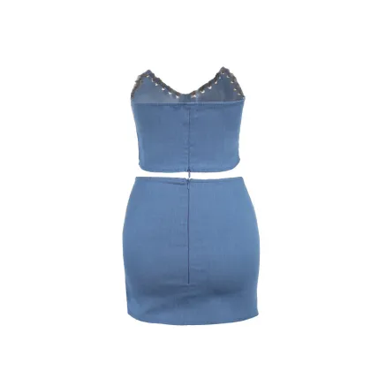 Strap Denim Strapless Top and Short Skirt Two-Piece Set