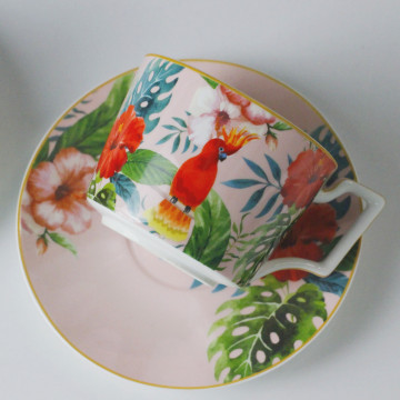 Vintage Porcelain Pink Tea Cup Sets with Floral Bird Decals - Fine Bone China