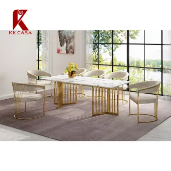 Modern Stainless Steel and Marble Dining Table Set with Fabric Chairs