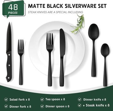 Hiware 48-Piece Matte Black Silverware Set with Steak Knives