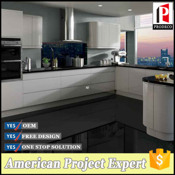 white high gloss laminate sheet kitchen cabinets with man-made stone kitchen countertops