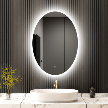 Minimalist Bedroom: Oval Backlit Anti-fog LED Mirror with Bluetooth Speaker