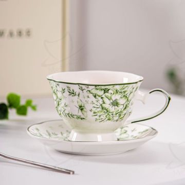 Bone Tea Cup Set Ceramic Green Floral Cups and Saucer Porcelain Coffee Mug Luxury European Purple