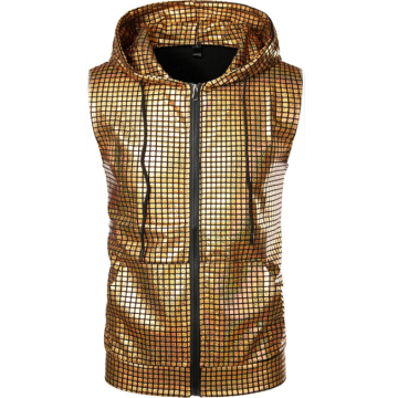Men's Shiny Nightclub Hoodie Sleeveless Zipped Vest