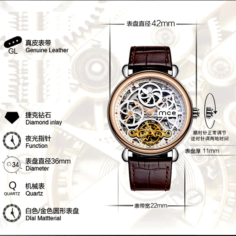 Genuine Leather Fashion Luxury Skeleton Wrist Watch