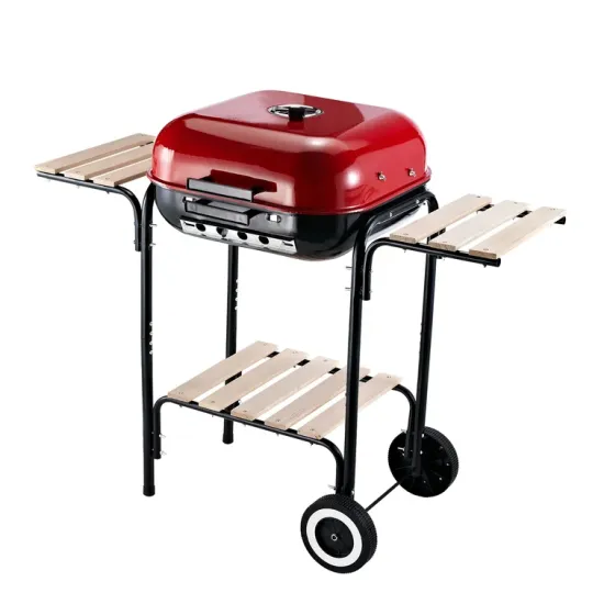 Portable Rolling Barbecue Trolley Smoker Charcoal BBQ Grill with Wheels 2 Side Shelves Bottom Shelf Outdoor Garden Black Red