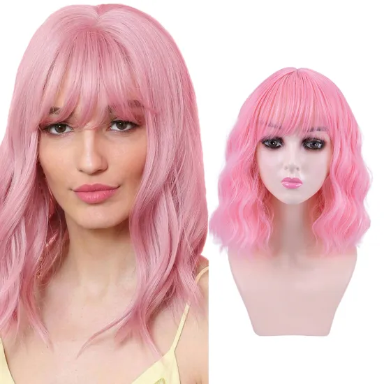 AliLeader Heat Resistant Fiber Short Wavy Wig with Bangs Synthetic Wigs for Women Natural Hair Bob Wig Daily