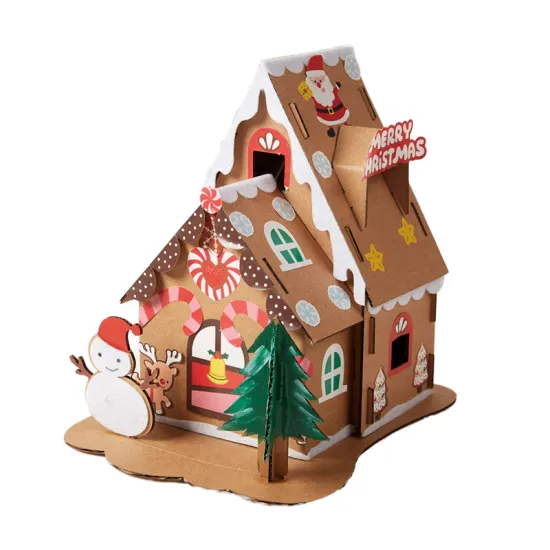 DIY Cardboard Christmas House Paper Craft Kit: 4-Color Anime Decor with Animal Characters and Stars