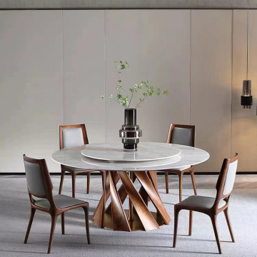 North American Black Walnut Natural Marble Dining Table and Chair Set: Artisanal Round Dining Ensemble